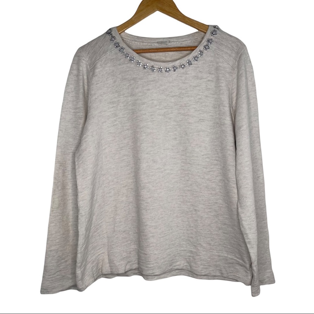 J. Crew Women's Cream Crewneck Sweatshirt With Jeweled Neckline Size Large